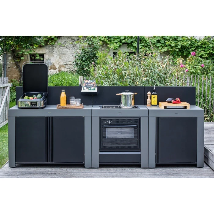 Cuisine D'extérieur ENO Modulo Acier Pour Plancha - 3 Modules Avec Cuisinière Et Chariot Félix 3 Cuisine D'extérieur ENO Modulo Acier Pour Plancha - 3 Modules Avec Cuisinière Et Chariot Félix