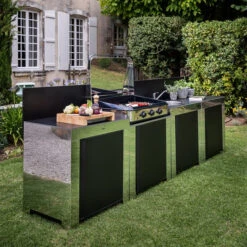 Modulo Evier - Coloris Inox Et Noir - Pour Cuisine D'extérieur ENO -Barbecue Passion Soldes Magasin modulo inox noir plancha cuisine exterieur eno ambiance 1 min 2